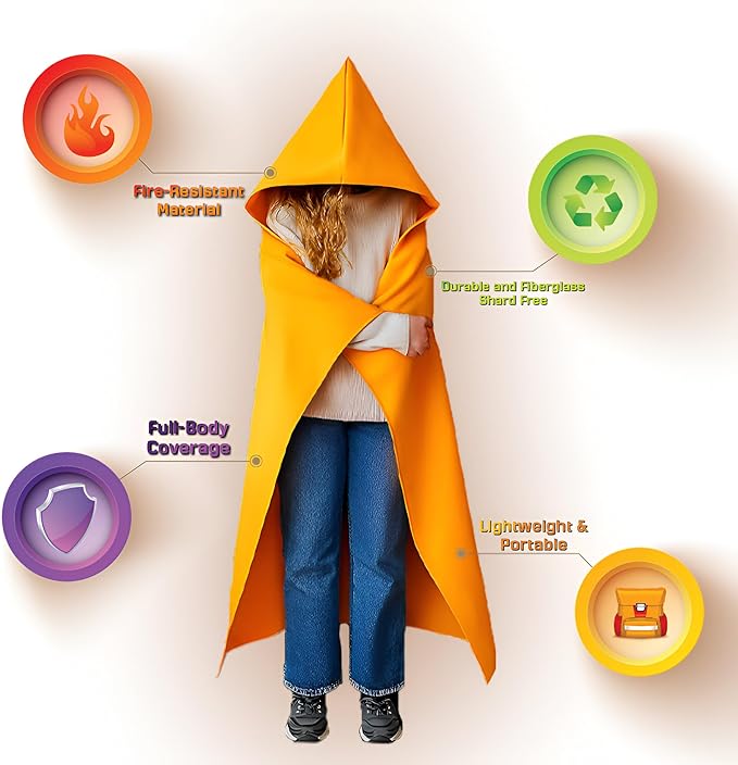 Supa Ant Fire Blanket -Certified 1500F Extra Thick, Glow in The Dark Fireproof Emergency Supplies. 500gsm, 0.5mm Thick Wearable Fire Blankets for Home. Emergency Blanket with Cape and Hood 70"x55"