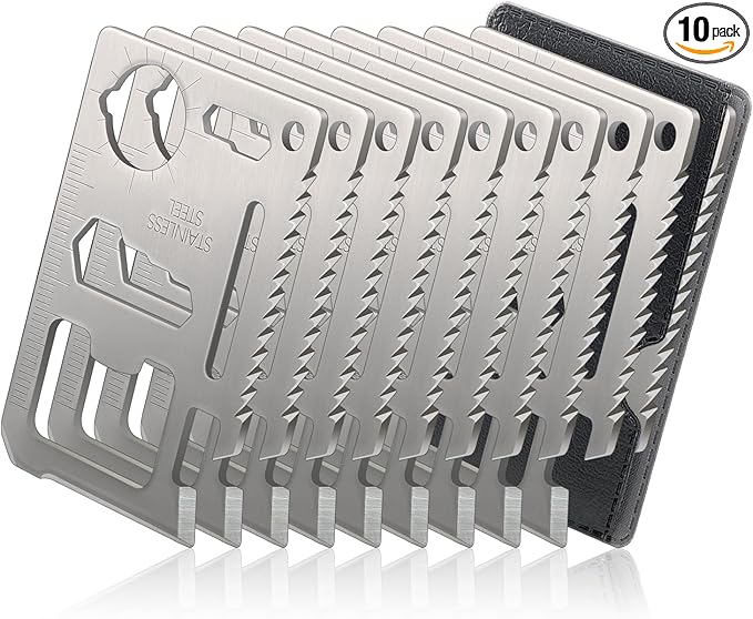 11-in-1 Credit Card Multitool For Men, 10 Pack Survival Pocket Tools, Thickened Stainless Steel Bottle Opener, Credit Card Wallet Tool, Double Row Sawtooth Pocket Tool