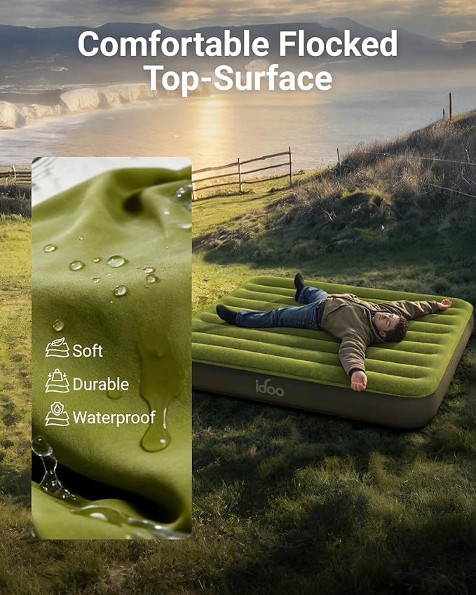 iDOO Queen Air Mattress with Rechargeable Cordless Pump, Inflatable Blow up Mattress in Fast Inflation, No Outlet Needed for Outdoor, Camping & Guests, LED Light and USB Charging, Portable Air Bed