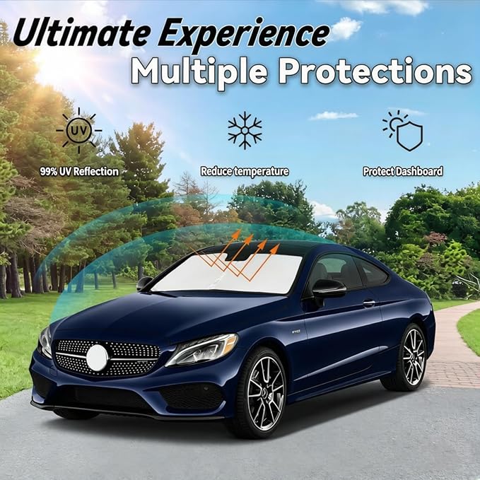 Windshield Sun Shade for 2015-2026 Mercedes Benz C Class W205 C250 C300 C400, Car Front Window Sunshade with 240T Sun Visor Protector Blocks UV Rays Heat Sun Shield Accessories