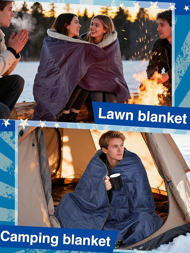 Aulock 55''W x 80''L Warm Outdoor Stadium Blanket Waterproof - Portable & Windproof Navy Blanket with Sherpa Fleece Lining for Camping Winter Cold Weather