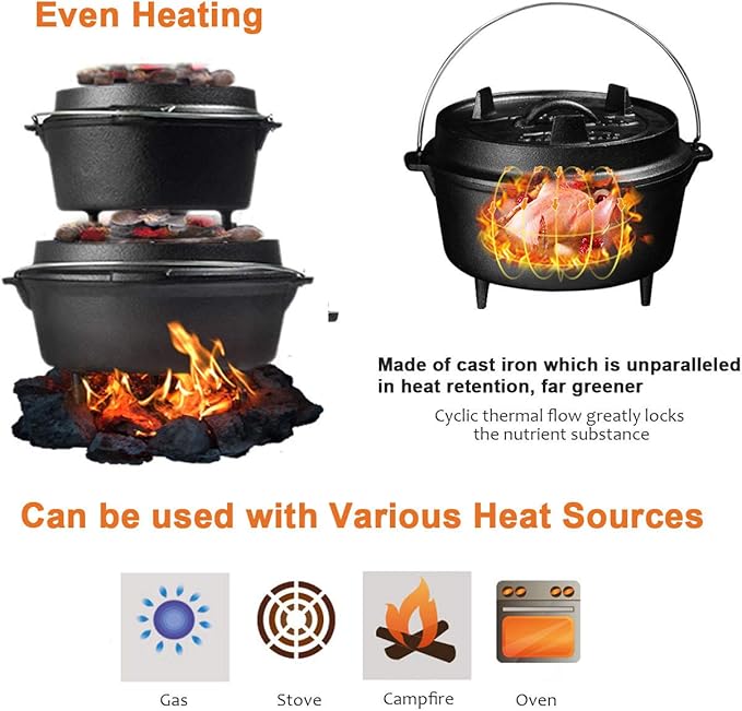 Overmont Camp Dutch Oven Pre Seasoned Cast Iron Lid Also a Skillet Casserole Pot with Lid Lifter for Camping Cooking BBQ Baking 6QT(Pot+Lid)