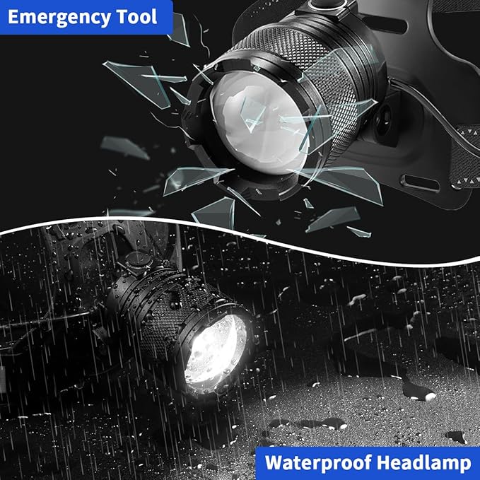 Super Bright Aluminum Headlamp 2Pack, Rechargeable Headlamp High Lumen, 90° Adjustable Focus Head Lights for Forehead, Head Lamps LED Rechargeable, Waterproof Headlamps for Adults Camping Hard Hat