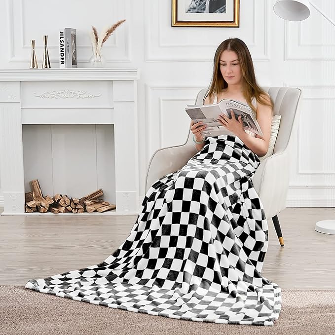 Edenleaf Checkered Blanket Flannel Throw Blankets Soft Cozy Checkered Grid Print Chessboard Gingham Pattern Throws for Bed Sofa Couch for All Seasons, 60x80 Inch, Black