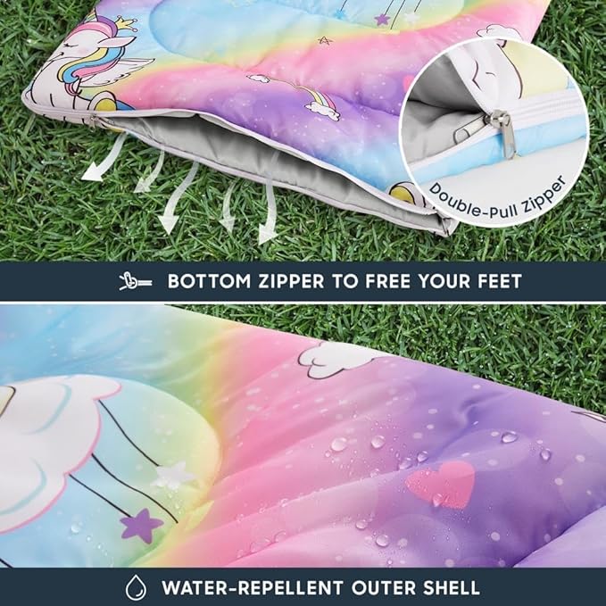 Wake In Cloud - Kids Sleeping Bag for Girls Toddlers, Camping in Warm Cold Weather, Backpacking Lightweight Compact Outdoor Liner for 3 Seasons, Unicorns Rainbow Hearts