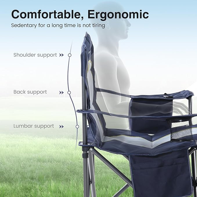HIGH POINT SPORTS Oversized Camping Folding Chair, Heavy Duty Portable Outdoor Chair, Foldable Camp Chair with Cup Holder and Cooler Bag Support 450 LBS, 2 Pack, Dark Blue