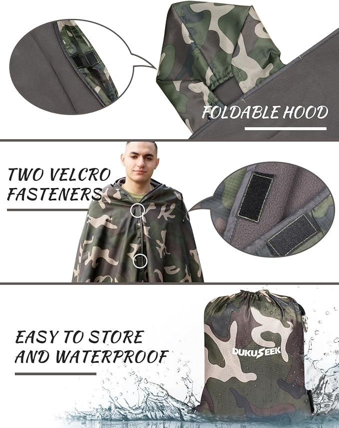 DUKUSEEK Hooded Stadium Blanket, Camouflage Waterproof Windproof Outdoor Fleece Blanket - Large (79x56), Portable, Wearable, Warm for Outdoor Hunting, Sporting Events…