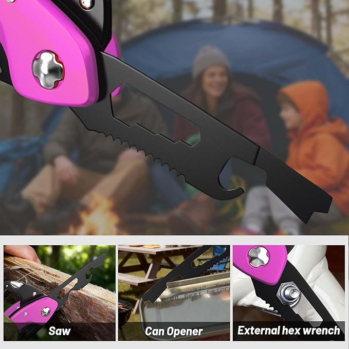 9 in 1 Multitool Carabiner Pocket Knife for Women, EDC Carabiner with Bottle Opener, Window Breaker and Screwdriver, Survival Gear for Camping Hiking,Stocking Stuffers Gifts for Women and Her(Pink)
