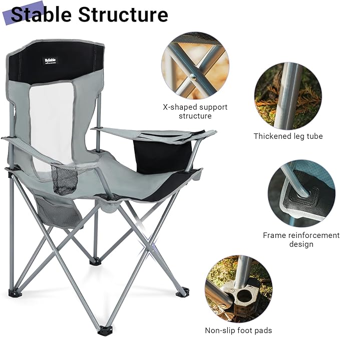Camping Folding Chair Outdoor Lawn Portable Lightweight Camp Folding Chairs for Adult Outside with Cup Holder, Cooler Pouch & Side Pocket for Camping, Beach, Fishing, Sports or Tailgating Events, Grey