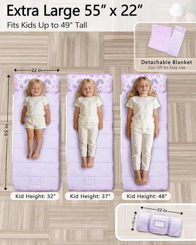 Primlect Toddler Nap Mat with Detachable Blanket and Removable Pillow, Kids Sleeping Bag 55''x35'' for Daycare Preschool Kindergarten, Toddler Sleeping Mat for Boys and Girls