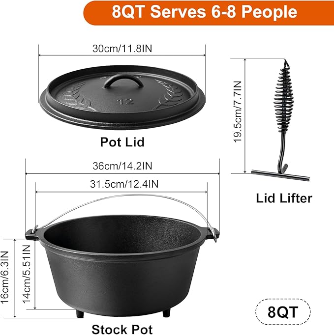 8QT Pre-Seasoned Cast Iron Camp Dutch Oven with Lid, Large Camping Dutch Oven Pot with Tripod Stand, incl. Lid Lifter - Dual Handles - for Outdoor Campfire, Grill, Oven & Stovetop Cooking-Black