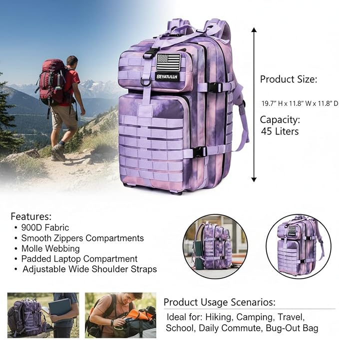 45L Military Tactical Backpack for Men & Women Bug Out Bag Assault pack Molle Daypack Hiking Trekking Rucksack (Cloud purple)