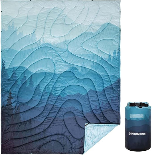 KingCamp Ultralight Camping Blanket, Packable Down Alternative Puffy Printed Wearable Blanket with Snap Buttons & Corner Loops Weatherproof Quilt for Outdoor Travel Stadium (78.7"L x 57.1”W, CYAN)