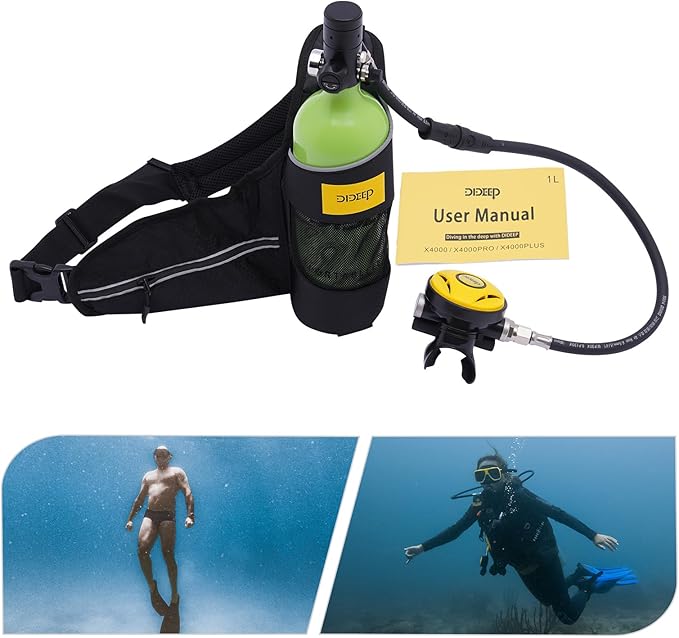 Mini Scuba Tank 1L Portable Oxygen Cylinder, Lightweight Refillable Diving Gear for 15-20 Mins Underwater, Safe with Explosion-Proof Valve, for Snorkeling, Travel, Emergency (Green/Black/Yellow)