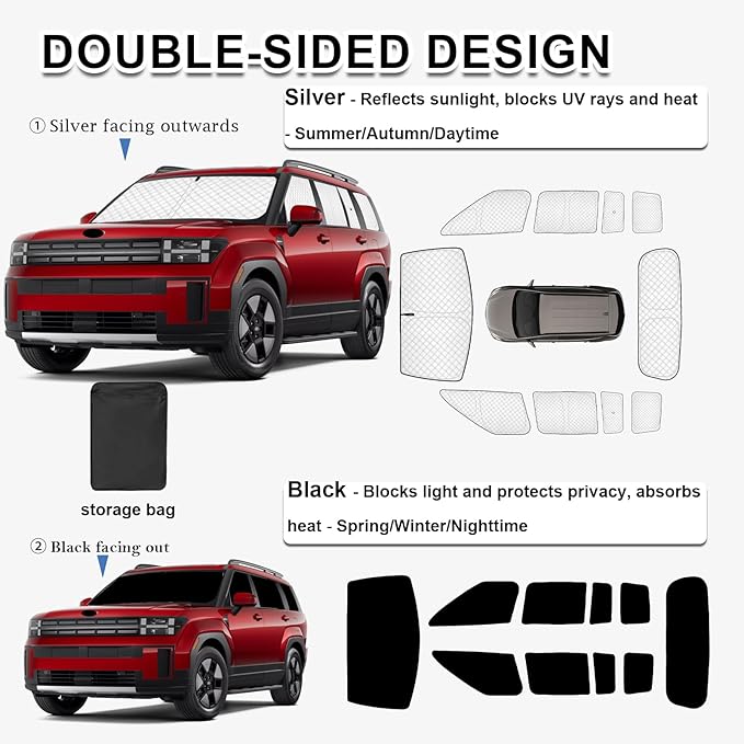 KMF 10pcs Thicken Sun Shades for Hyundai Santa Fe 2024-2025 2026 Accessories,Full Car Windshield Sunshade Window Covers for Side Rear,UV Block and Blackout Privacy for Camping