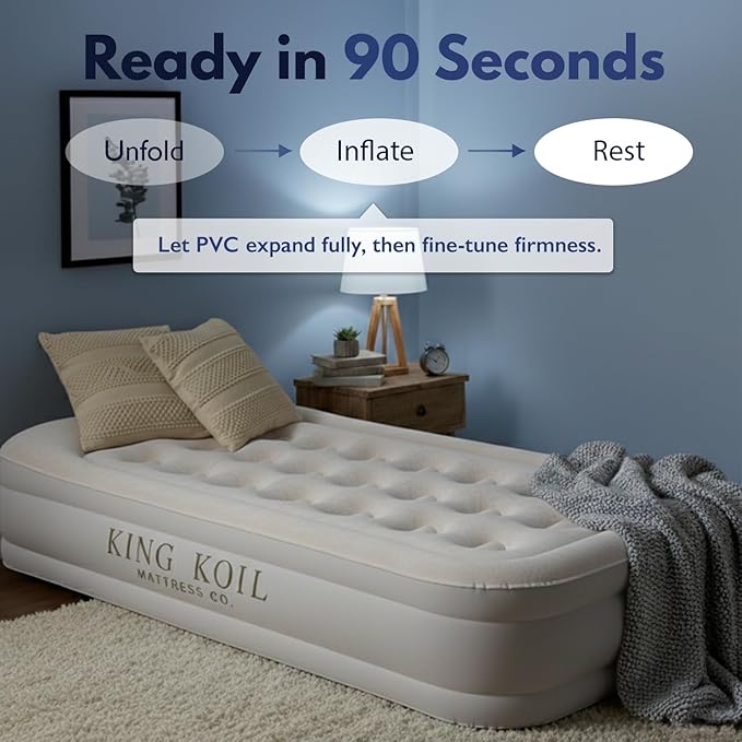 King Koil Luxury Twin Air Mattress with Built-in High Speed Pump for Camping, Home & Guests - Twin Size Double High Airbed Luxury Inflatable Blow Up Mattress Waterproof