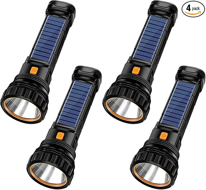 E-SHIDAI 4pcs Solar/Rechargeable Multi Function 1000 Lumens LED Flashlight, with Emergency Strobe Light and 1200 Mah Battery, Emergency Power Supply and USB Charging Cable, Fast Charging (4PC)