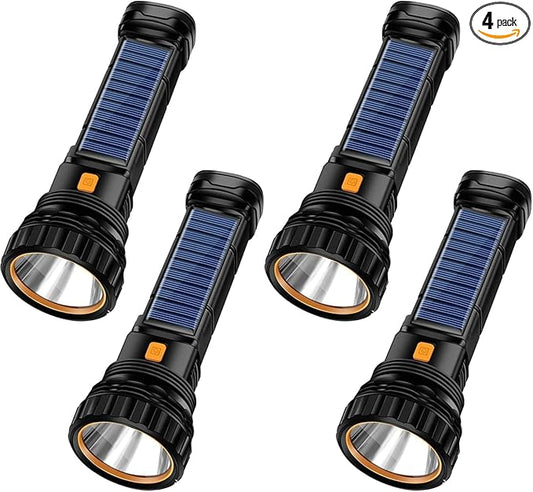 E-SHIDAI 4pcs Solar/Rechargeable Multi Function 1000 Lumens LED Flashlight, with Emergency Strobe Light and 1200 Mah Battery, Emergency Power Supply and USB Charging Cable, Fast Charging (4PC)