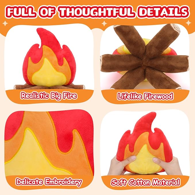 FunisFun Campfire Plush Toys, Fake Fire Firewood Plush Pillow - Realistic Flameless Campfire Decor for Adults, Cozy Home Office Room Decoration, Camping Enthusiast Gift Idea