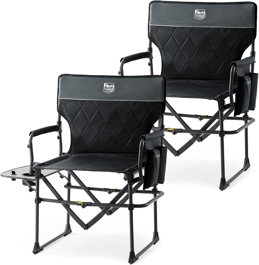 TIMBER RIDGE Heavy Duty Camping Chair with Compact Size, Portable Directors Chair with Side Table and Pocket for Camping, Lawn, Sports and Fishing, Supports Up to 400lbs, Black 2 Pack