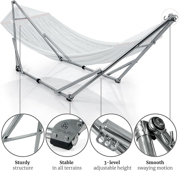 Tranquillo Adjustable Hammock Stand, Collapsible Camping Hammock with Stand, 650 lbs Capacity Double Hammock Stand, Foldable Stainless Steel Breathable Polyester Hammock Net, Carry Bag Included, Grey