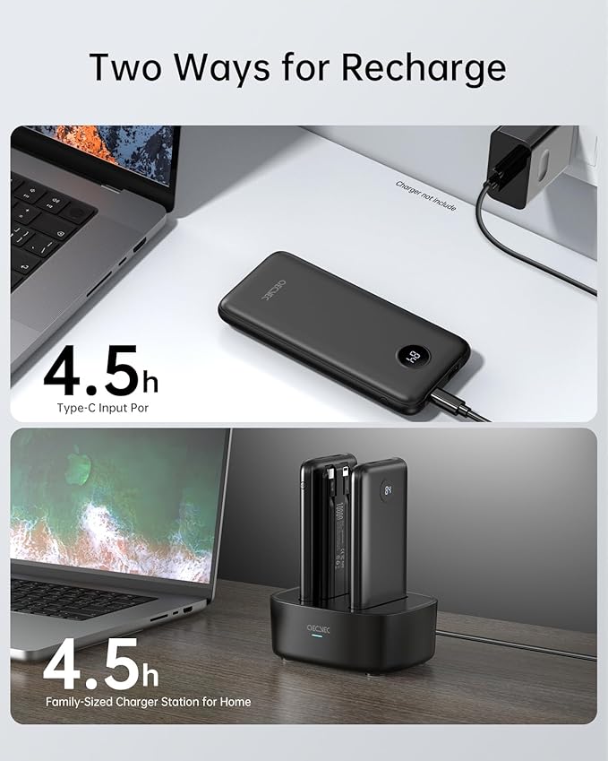 Portable Charger, 2-Pack 10000mah Power Banks, Sharing Charging Station, 15W Fast Charging Battery Pack, Portable Charger with Cords for iPhone Series, Galaxy S24/23, Pixel and More