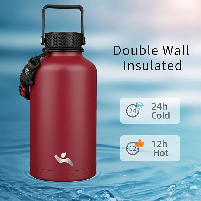 Konokyo Half Gallon Insulated Water Bottle with Straw,64 oz 3 Lids Water Jug with Carrying Bag,Paracord Handle,Double Wall Vacuum Stainless Steel Metal Flask,Dark Red