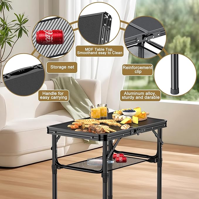 Folding Camping Table, 2 FT Folding Portable Camping Table, Outdoor&Indoor Picnic Table with 3 Adjustable Height Max 27.1",Lightweight Aluminum Camping Tables, Car Camping Essentials-Pure Black