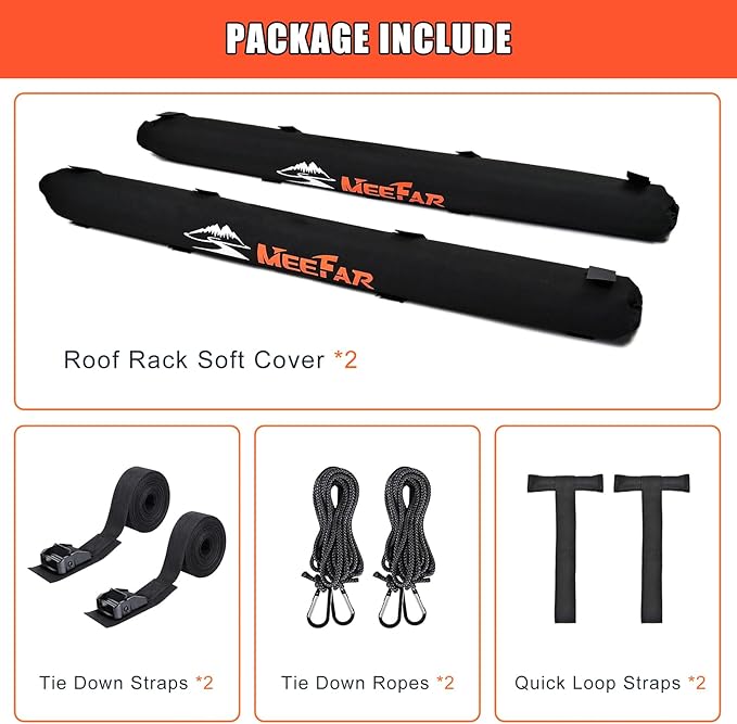MeeFar Universal Car Soft Roof Rack Pads Luggage Carrier Rack for Kayak Surfboard SUP Canoe Include 2 Heavy Duty Tie Down Straps, 2 Tie Down Rope, 2 Quick Loop Strap