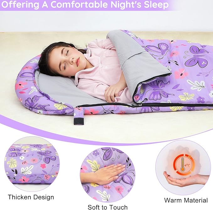 FIOBEE Kids Sleeping Bag for Girls Boys 3 Season Warm & Cool Weather Youth Camping Sleeping Bags with Backpacking Bag Waterproof for Traveling Hiking Indoor Outdoor Camping Essentials