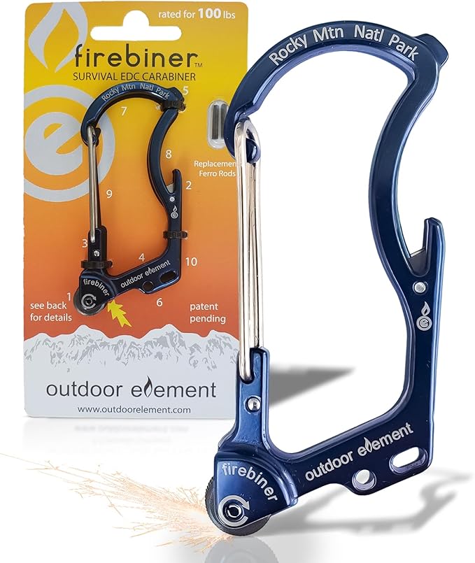 OUTDOOR ELEMENT Firebiner Custom Engraved 6-in-1 Fire Starter Carabiner Multitool – Survival Gear EDC Keychain with Utility Blade, Bottle Opener, Screwdriver, Emergency Tool