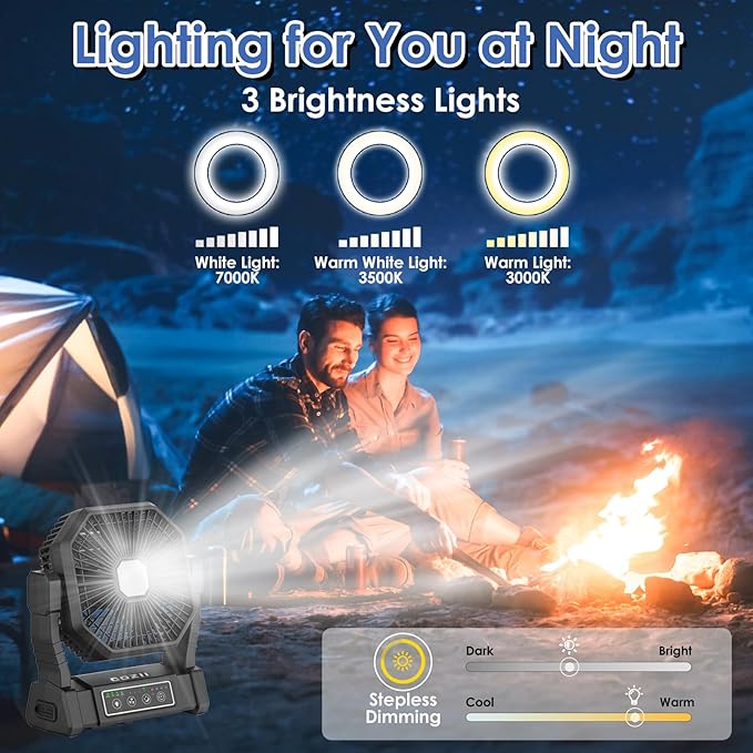 COZII Battery Operated Fan, 20000mAh Rechargeable Portable Fan with LED Lantern - 3 Colors, 4 Speeds, 4 Timing, Adjustable Head with Hook, Camping Fan for Table, BBQ, Beach, Hiking, Travel