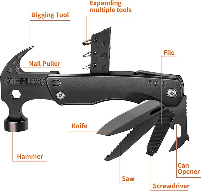 Multitool Hammer, 12-in-1 Multi Tool Gifts for Men, Dad Gifts, Husband Christmas Stocking Stuffers, Camping Tool with Knife, Screwdrivers, Bottle Opener, Multitool for Survival & DIY Projects