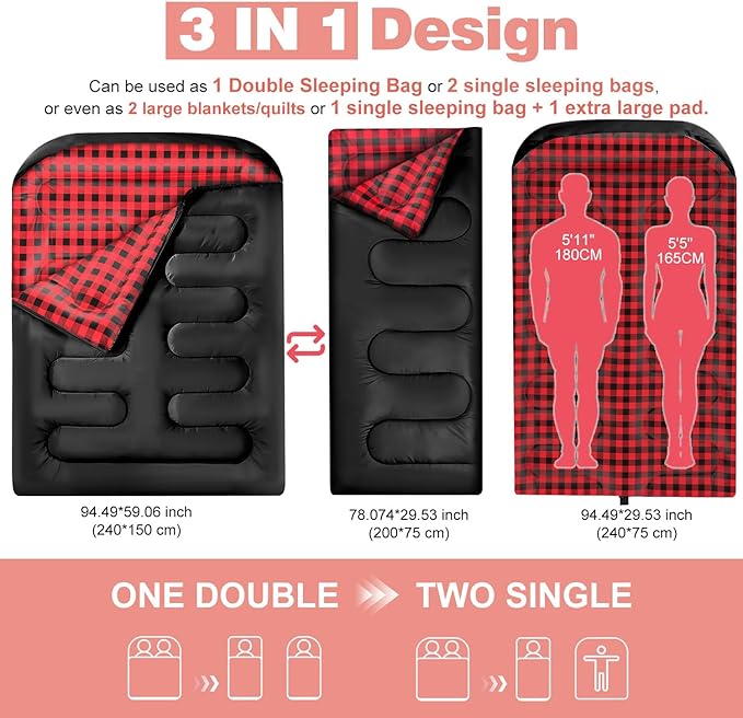 Double Sleeping Bags for Adults, Queen Size 2 Person All Season for Warm & Cold Weather Backcountry Ski Skins | Fits Kids 10-12 - Lightweight & Waterproof Camping Essentials for Hiking, Backpacking