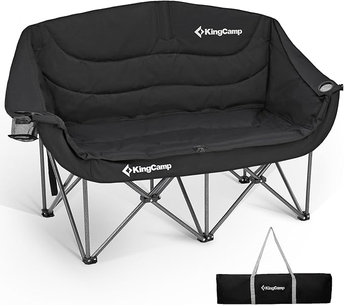 KingCamp Double Camping Chair, Oversized 880lbs Heavy Duty Loveseat for Adults Portable Folding XL 2 Person Couch Padded Comfortable Two Seat with Cup Holder for Outdoor Lawn Backyard, Black