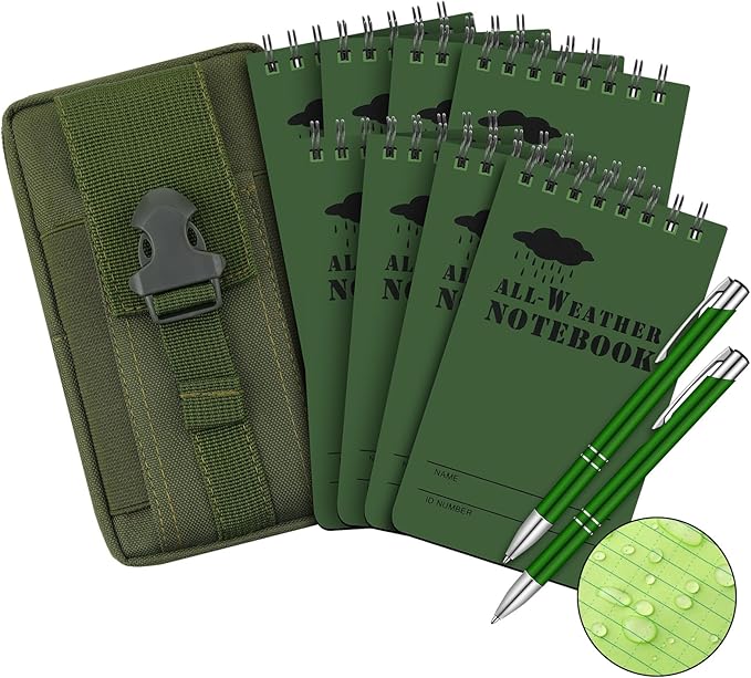 Eaasty Waterproof Notebook and Pen Set 3 x 5 Inch Pocket Tactical Notebook with 1 Metal Weatherproof Pen and 1 Fabric Cover for Outdoor Activities Recording(Army Green,11 Pcs)