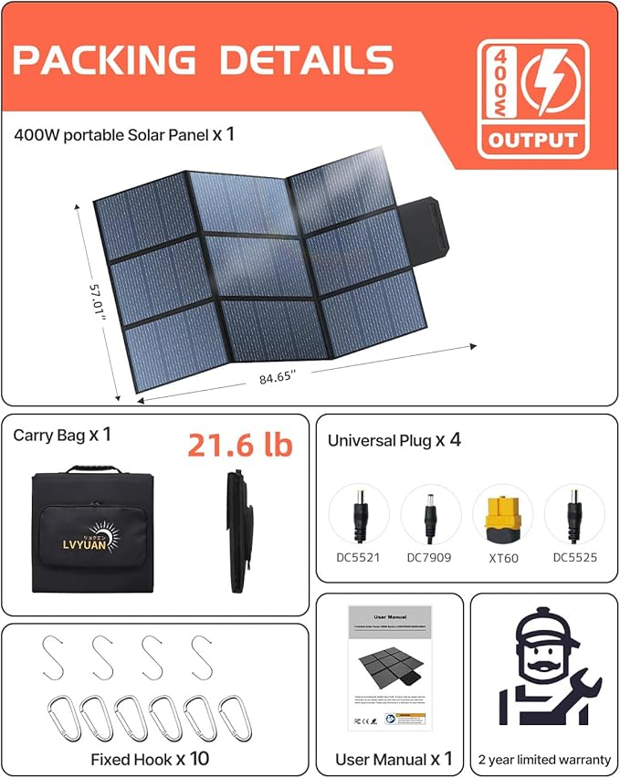 LVYUAN 400W Portable Solar Panel, 36V Foldable Blanket Solar Panel IP64 Waterproof, Upgraded 23% Efficiency for Solar Power Station Generator for Outdoor Camping Backpacking Hiking