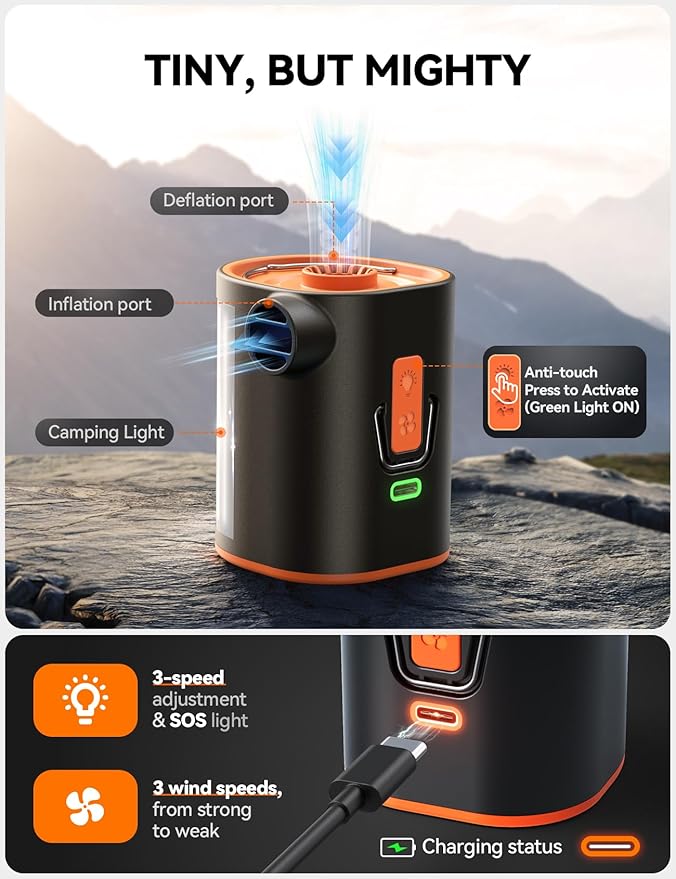 JOYROOM Air Pump for Inflatables, 3600 mAh Battery & Camping Light Portable Air Pump, 4.8kPa Ultra-Fast and Mini Electric Air Mattress Pump