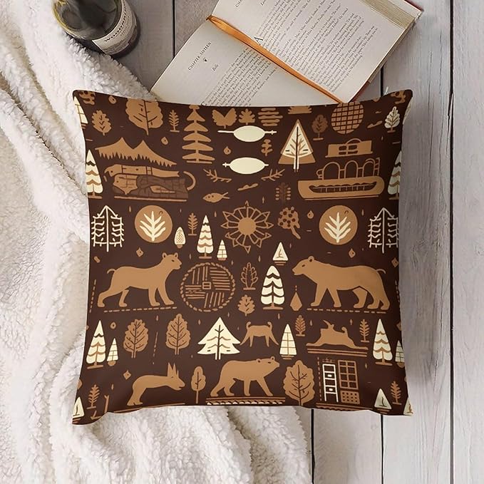 ITFRO Set of 2 Birthday Gift Wildlife Bear Deer Forest Bonfire Pine Tree Short Plush Both Sides Square Retro Checkered Throw Pillow Cover Cushion Case Farmhouse Sofa Decor 18x18 Inches (Dark Brown)