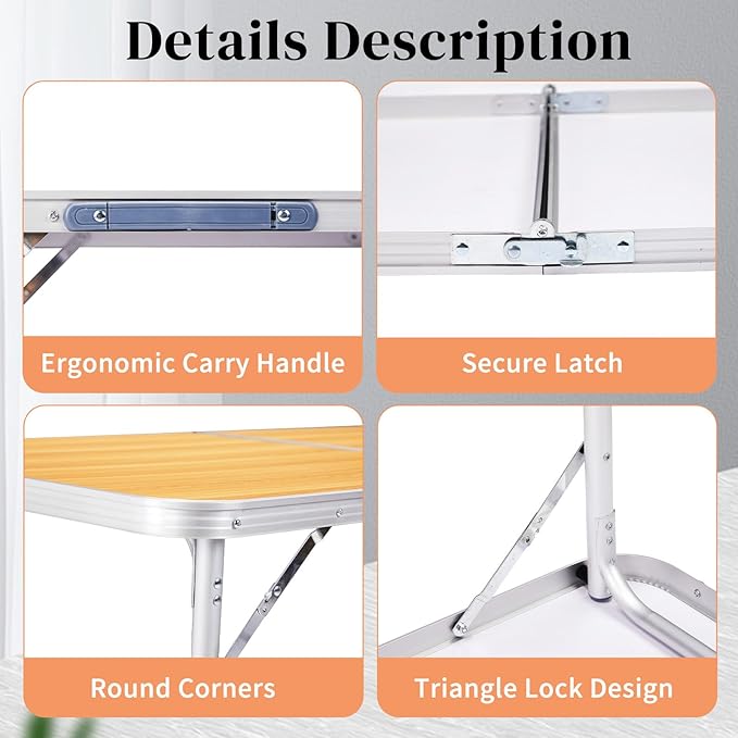 Outvita 6ft Portable Folding Camping Table, Outdoor Waterproof Adjustable Height Table, Aluminum Lightweight Suitcase Foldable Table for Picnic BBQ Beach Dining