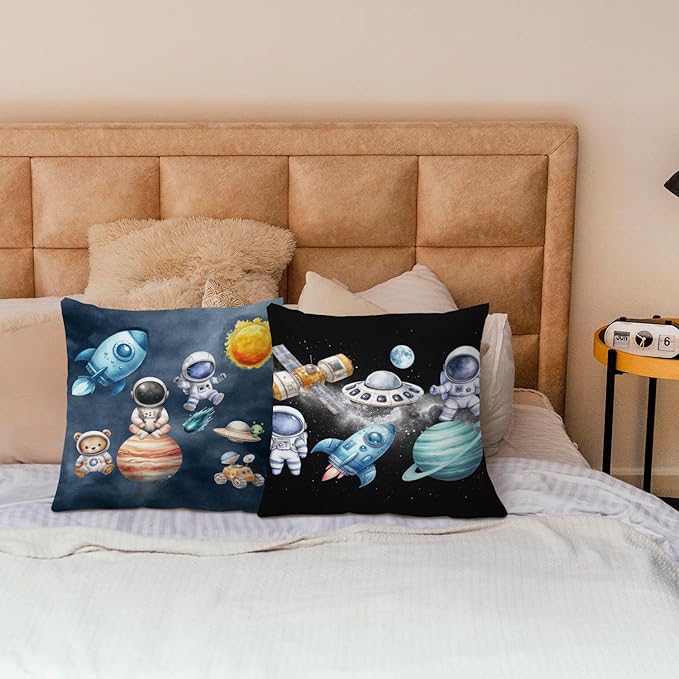 SPBL&L Galaxy Space Nursery Pillow Covers 18x18 Set of 2, Space Nursery Room Decor for Boys, Whimsical Cosmic Astronaut Planets Rocket Spacecraft Decorative Throw Pillow Covers for Kids Room Playroom