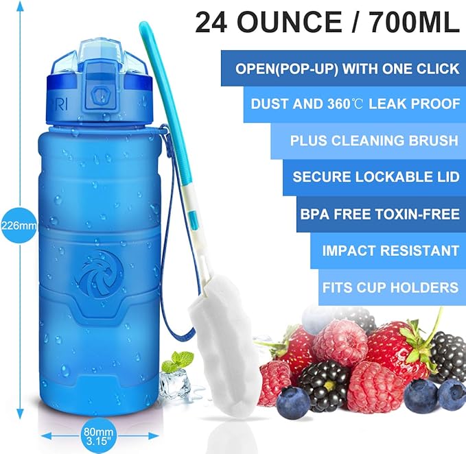 ZORRI Sports Water Bottle, 400/500/700ml/1L, BPA Free Leak Proof Tritan Lightweight Bottles for Outdoors,Camping,Cycling,Fitness,Gym,Yoga- Kids/Adults Drink Bottles with Filter, Lockable Pop Open Lid