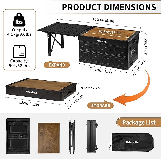 Naturehike Lispace Camping Table with Storage Box, 50L Collapsible Trunk Organizer with Lid, Folding Storage Bin for Camping Picnic Home