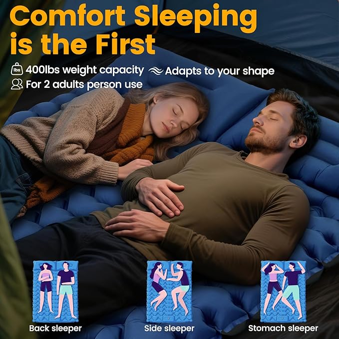 Double Sleeping Pad for Camping, 4in Extra-Thick with Built-in Foot Pump & Pillow, Compact 2 Person Ultralight Camp Air Mattress for Backpacking, Hiking, Tent, Car, Travel, Gift