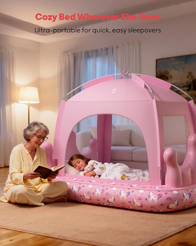 QPAU Princess Inflatable Toddler Bed with Tent, Blow Up Toddler Travel Bed with Sides, Portable Kids Air Mattress for Girls, Ideal for Home, Grandma’s, Camping & Sleepovers – Includes Electric Pump