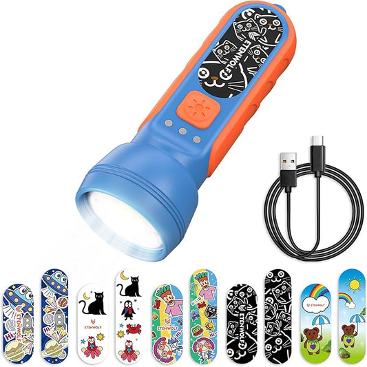 ETENWOLF L1 Rechargeable Flashlight for Kids,LED Flashlight with Fun DIY Stickers, 6 Light Modes, Adjustable Brightness, 1500mAh Battery, IPX5 Waterproof Flashlight for Camping, Home & Emergency