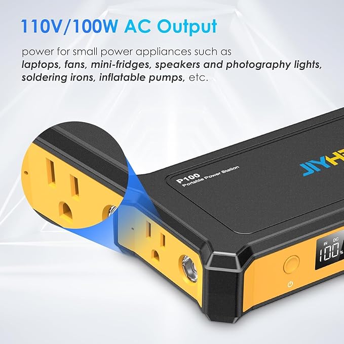 JIYHF Portable Power Station 99.9Wh, Backup Power with 65W USB-C PD, 100W AC Outlet, 12V DC Output, LED Light for Camping, Home Backup, Emergency, RV
