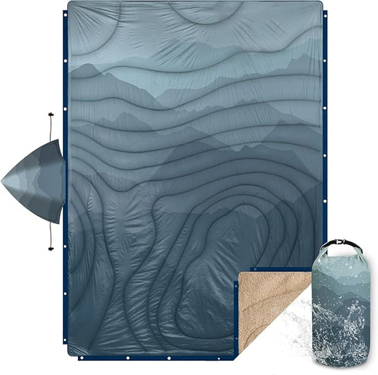 Outdoor Camping Blanket with Sherpa Lining, Extra Warm Thick Camp Blankets and Puffy Ultralight Soft Poncho DWR Camping Quilt for Cold Weather, Adventure, Sleeping, Backpacking 78"x 56"