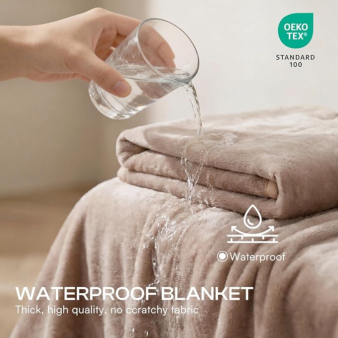 Luciphia Waterproof Blanket for Dog Washable Reversible Sherpa Fleece Throw Blanket for Bed Couch Soft Liquid Pee Proof Furniture Cover Protector for Small Medium Large Pet Cat Khaki 65" x 57"
