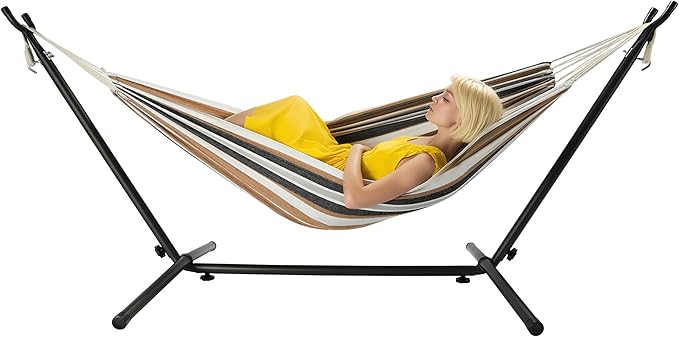 Hammock with Heavy-Duty Steel Stand for Outside，Hammocks 450 Lb Capacity，Portable Hammock，2 People Standing Hammocks，Suitable for Beach，Backyard, Gardens, Patio, Bedroom，100 * 40 * 38 Inch (Coffee)